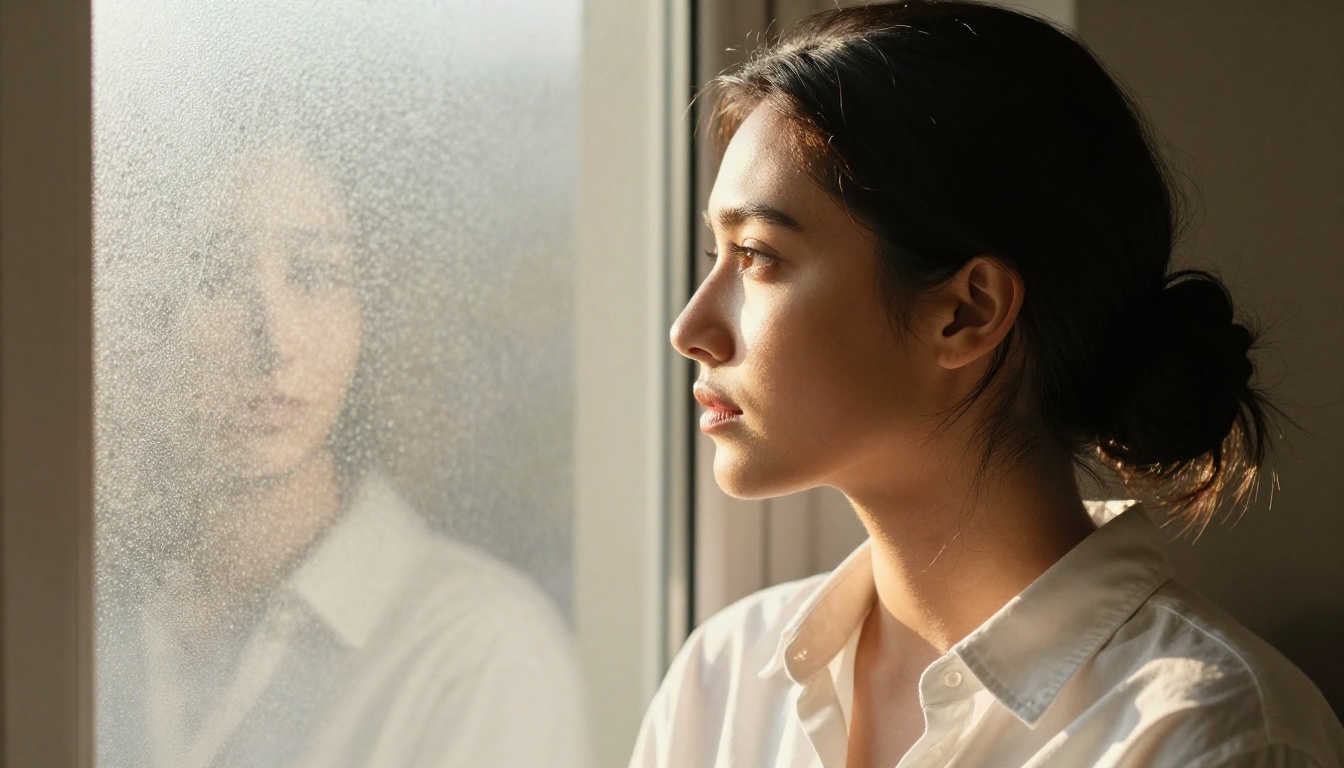 Woman in profile, window backlight, thoughtful