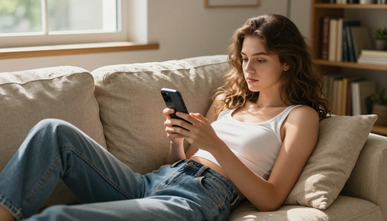 Woman lounging on couch with smartphone