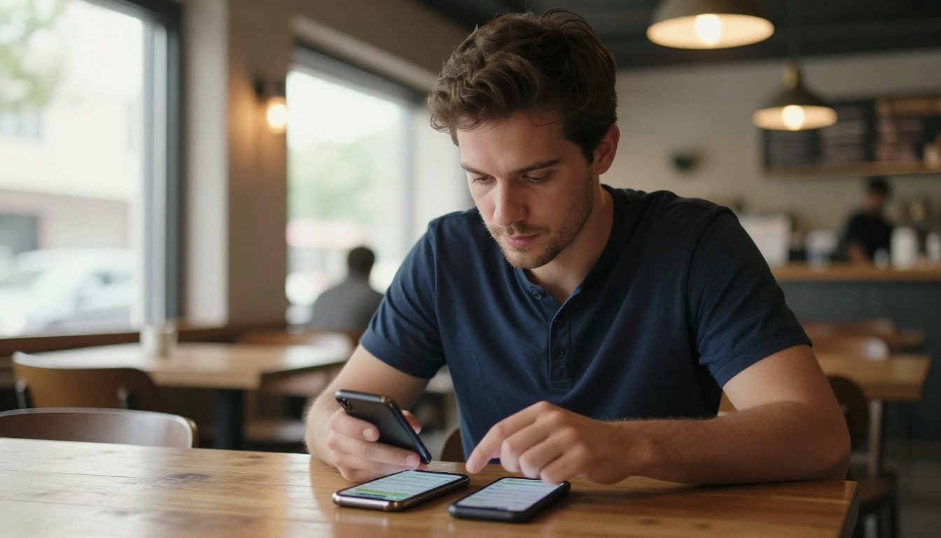 Man comparing two phone apps at coffee shop