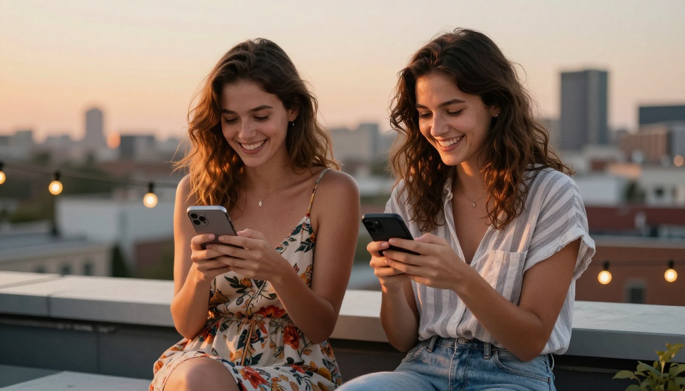 Two women laughing on rooftop at golden hour