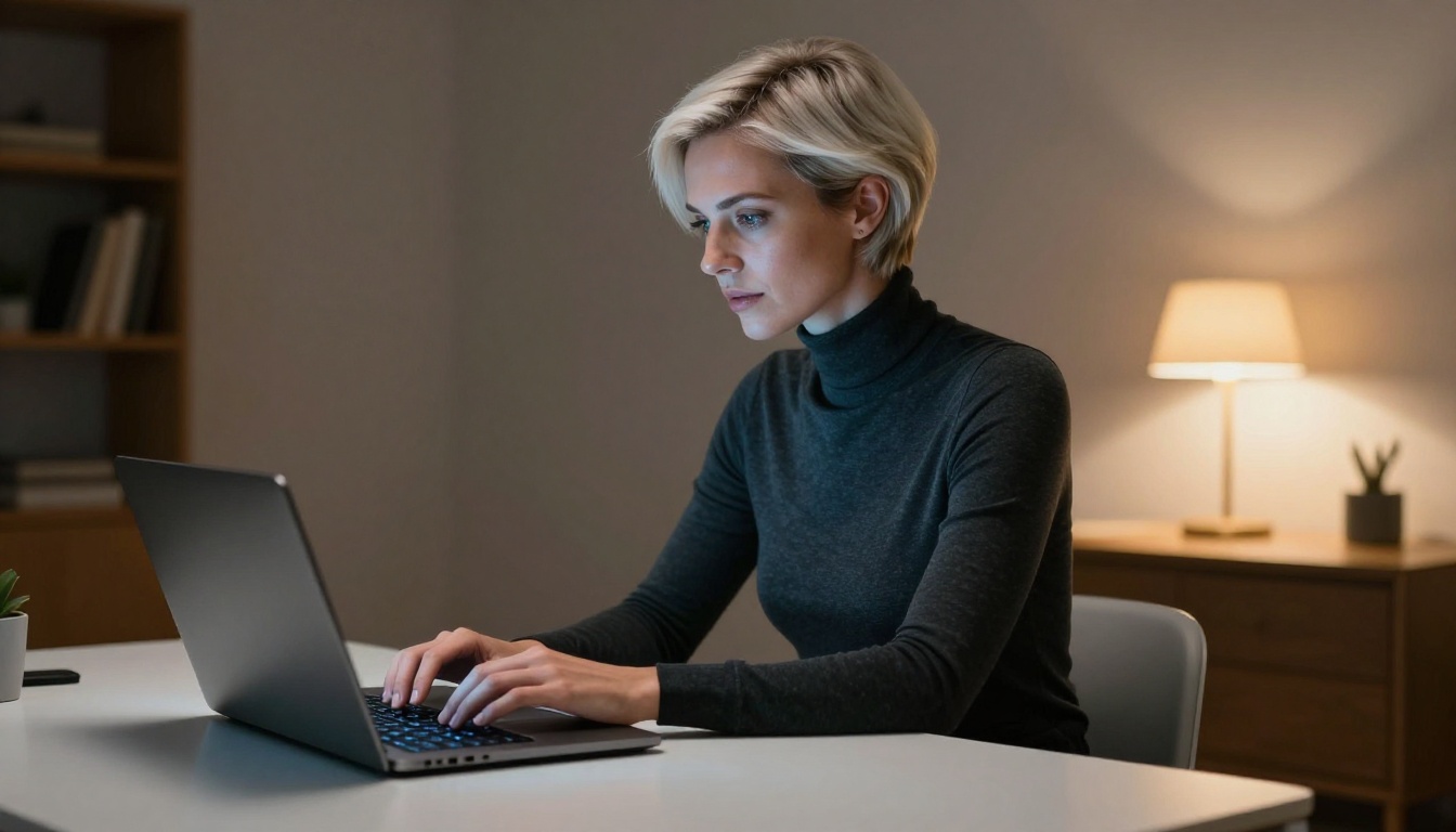Woman typing at desk with dual warm and cool lighting