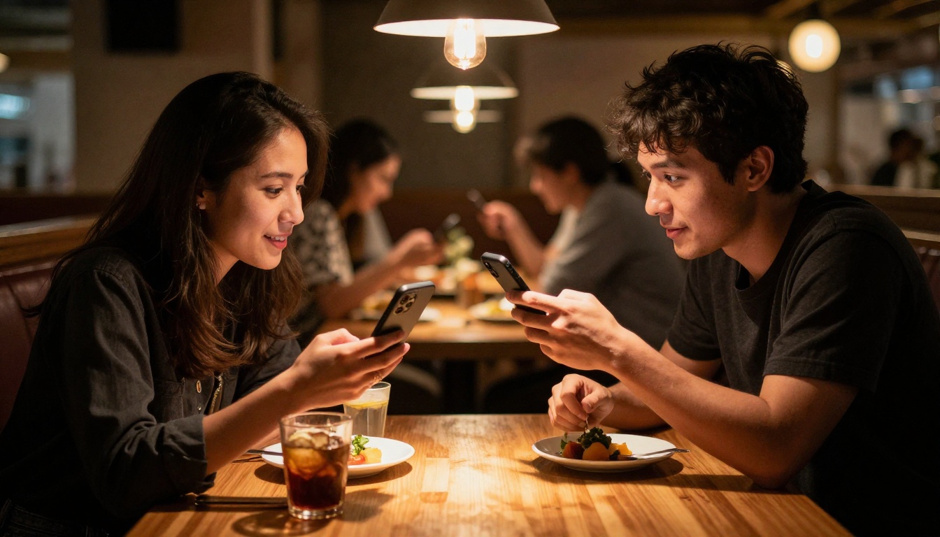 Couple at restaurant booth comparing phone screens with laughter