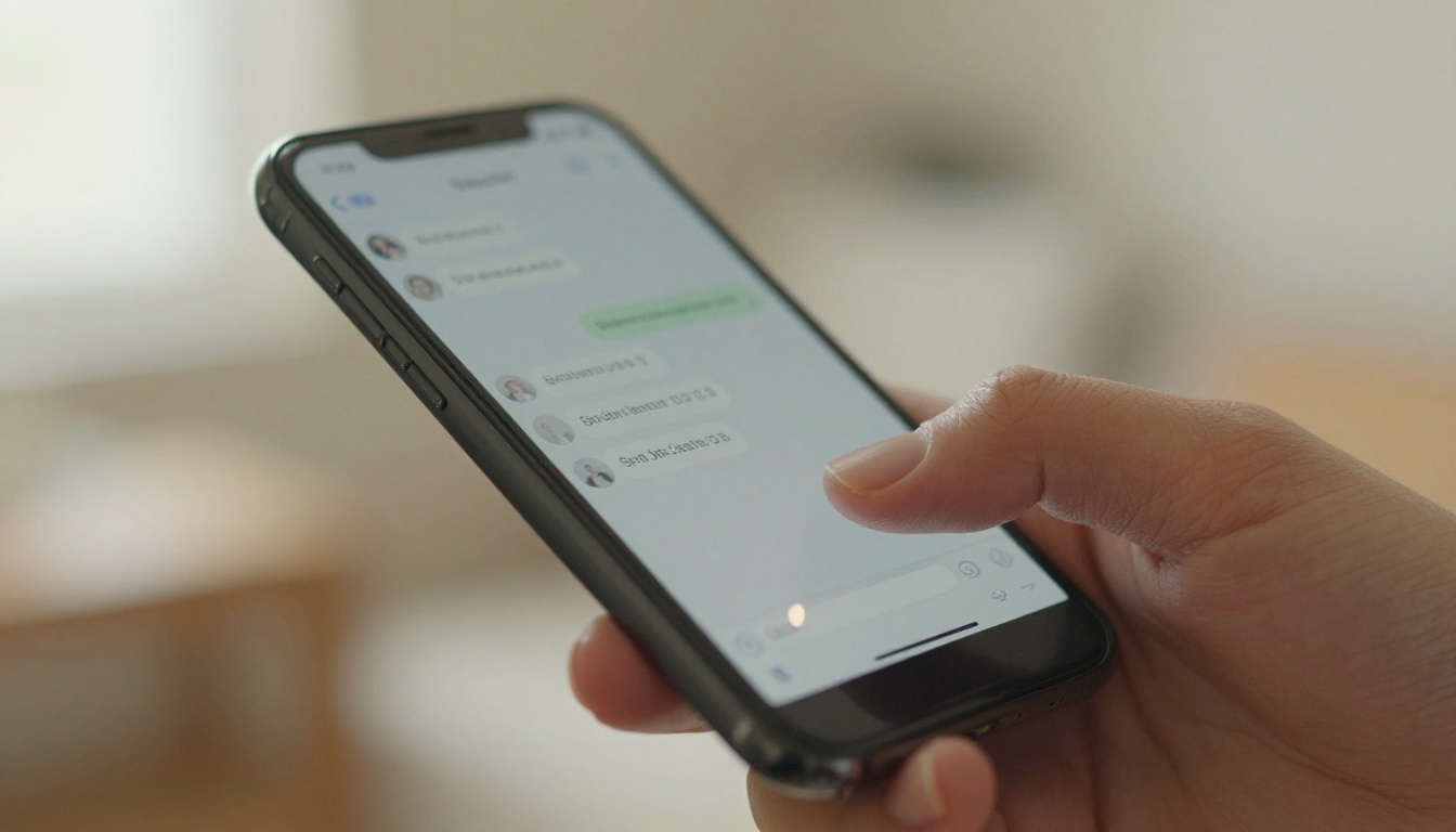 Close-up of woman's hand holding smartphone with chat interface