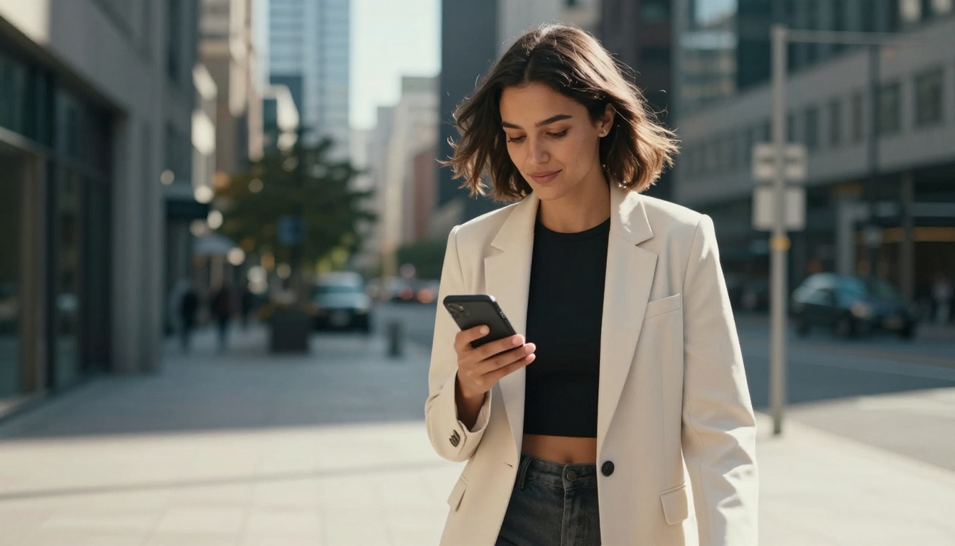 Confident woman walking through urban plaza looking at phone