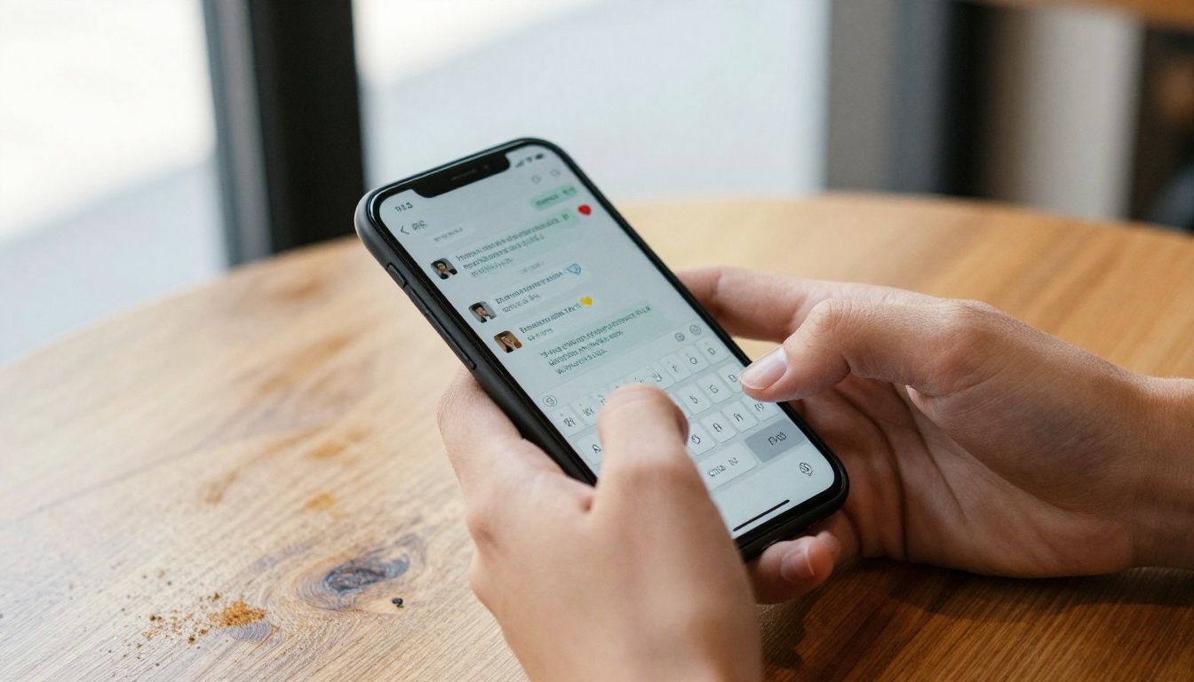 hands holding phone with chat messages