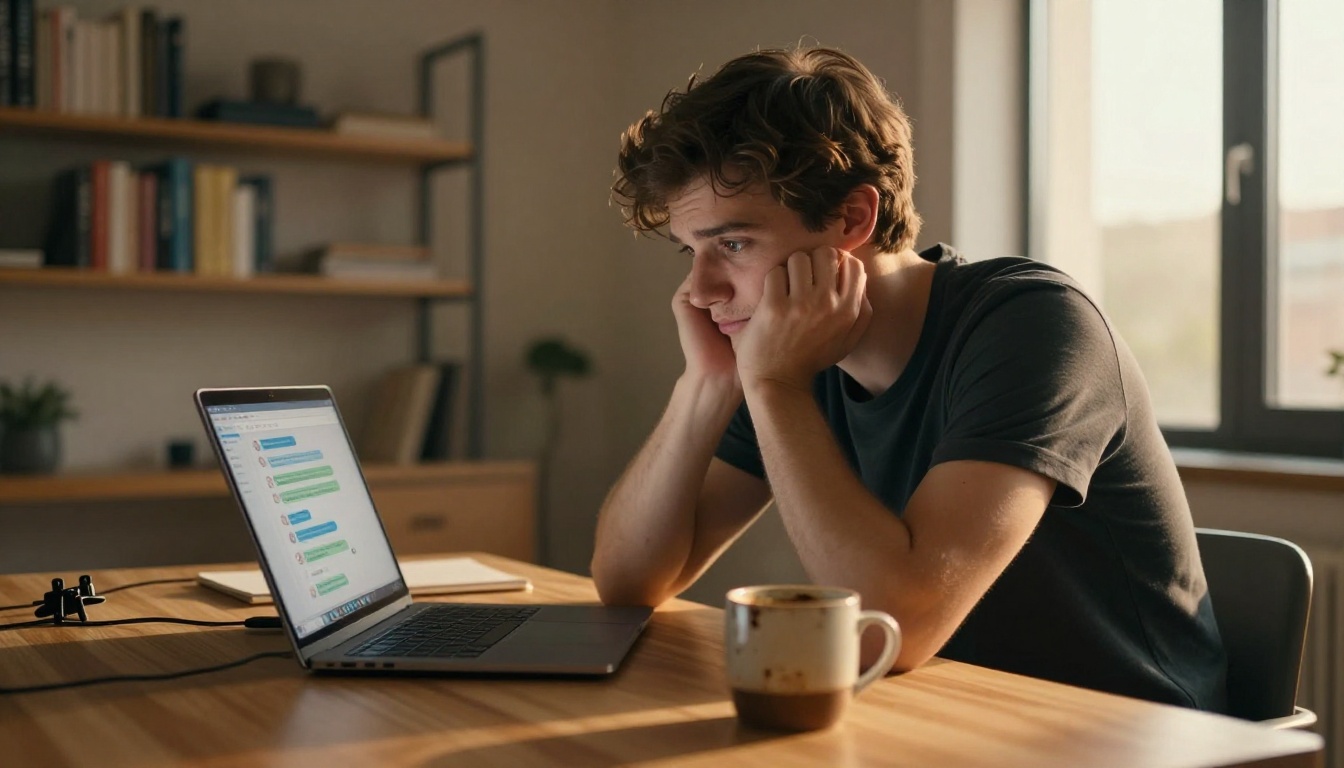 man at desk staring at laptop chatbot interface