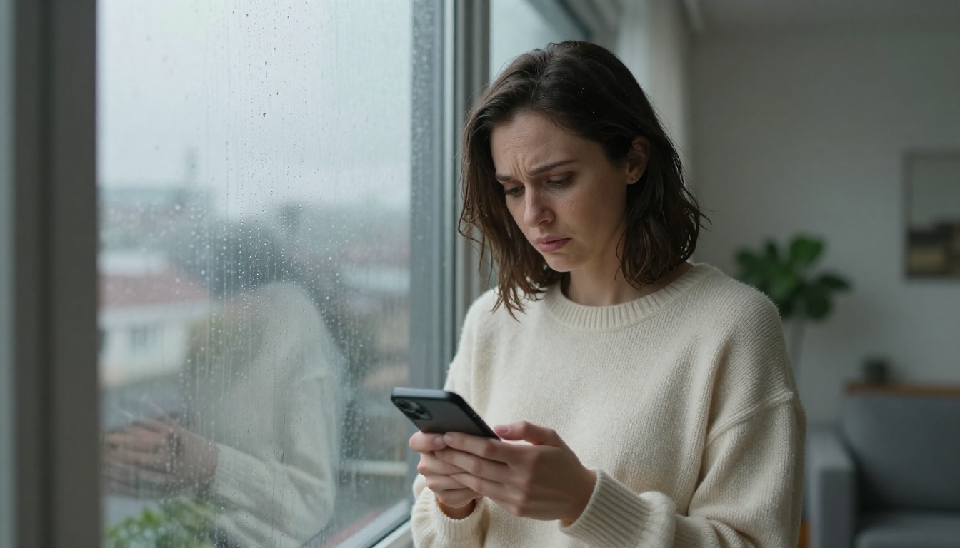 woman standing by rainy window looking at phone with troubled expression