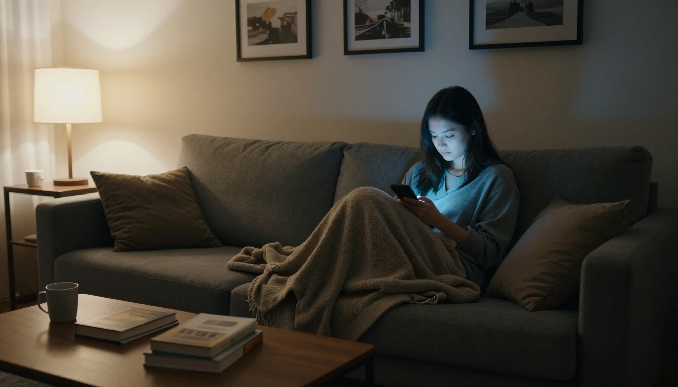 young woman curled up on sofa with phone glow illuminating her face at night