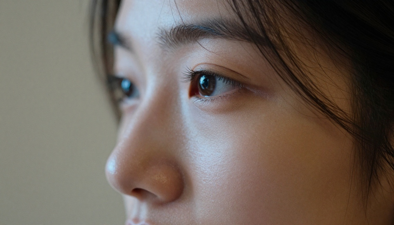 extreme close-up portrait of young woman's face in profile with phone glow in eyes