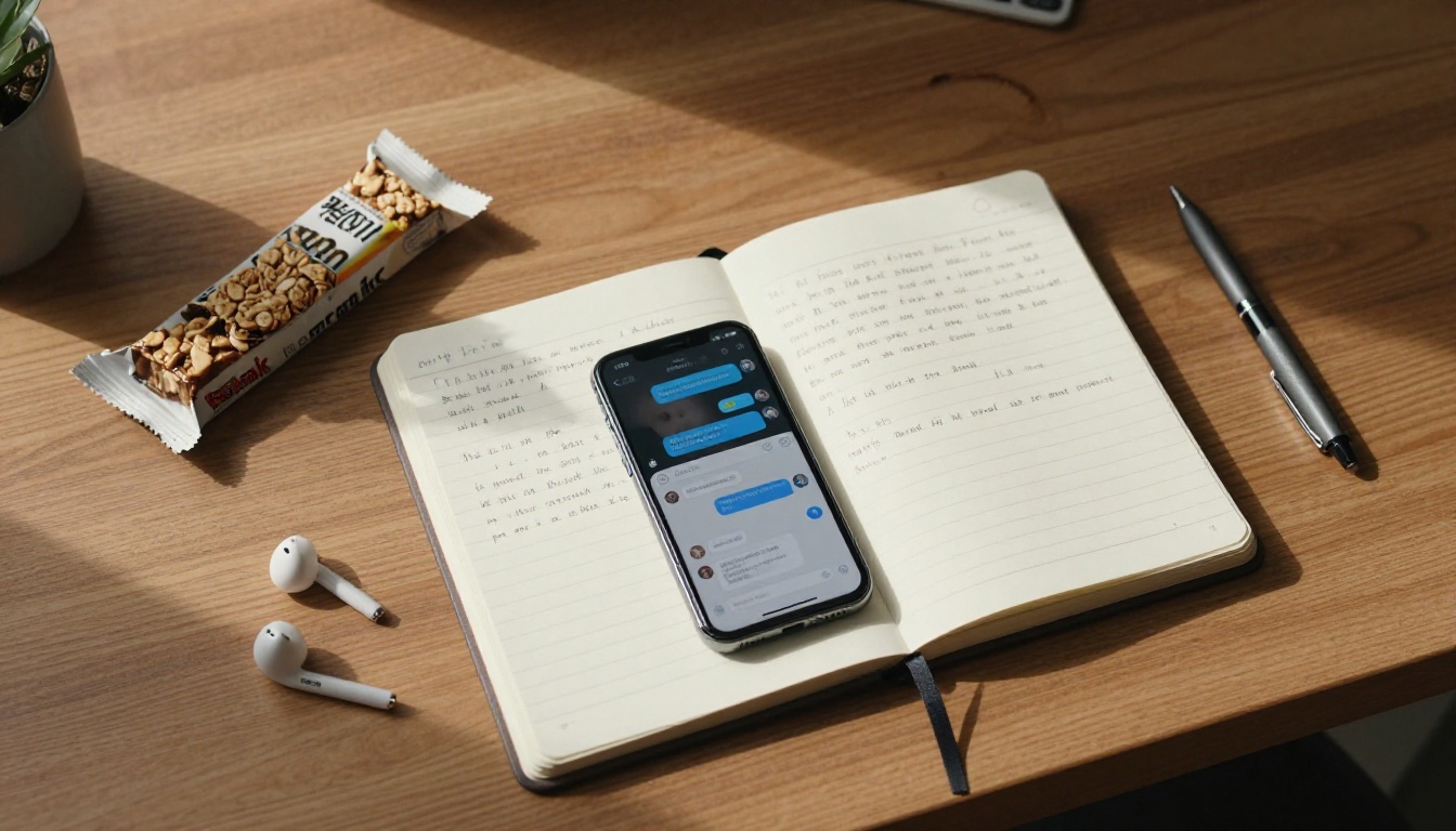 bird's-eye view of desk with notebook earbuds and smartphone showing AI chat