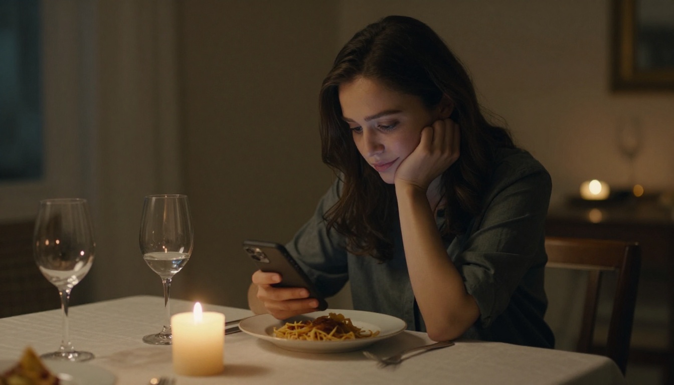 woman dining alone at candlelit table for two looking at phone with wistful expression