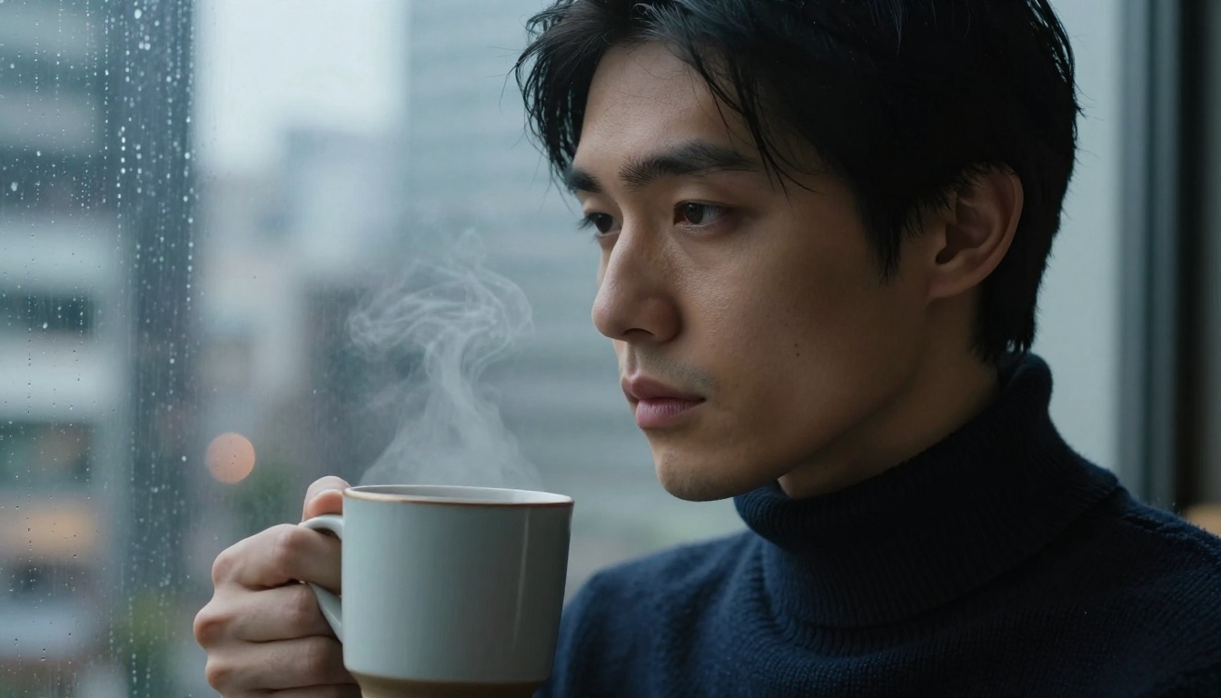 Man near rainy window with stoic expression