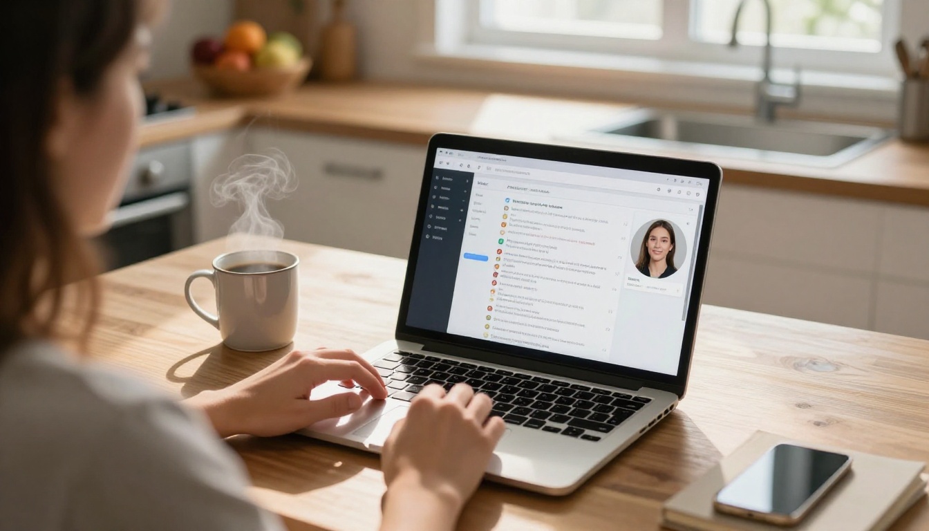 over-the-shoulder view of person at laptop with AI chatbot interface on screen in morning light