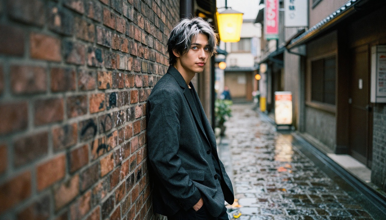 Playful type in rainy alleyway