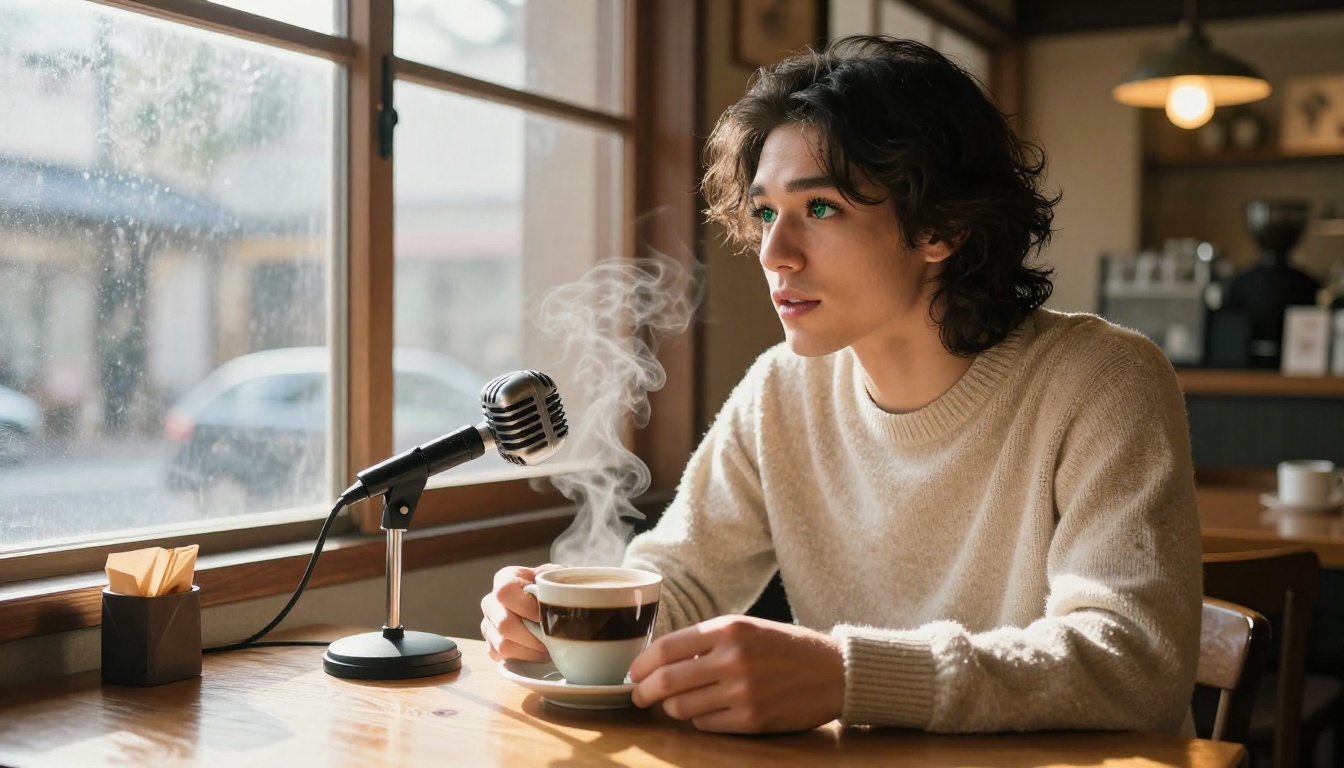 Man in cafe speaking into microphone