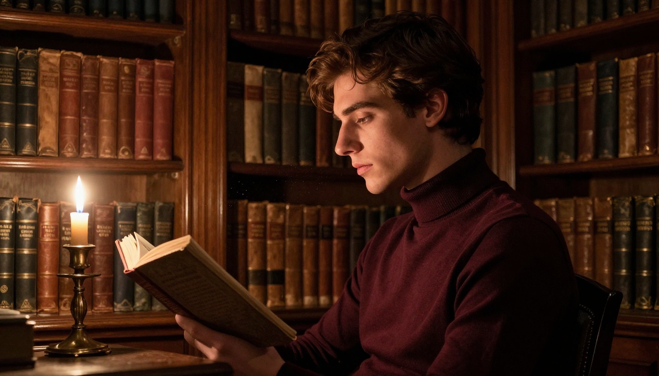 Man in library by candlelight