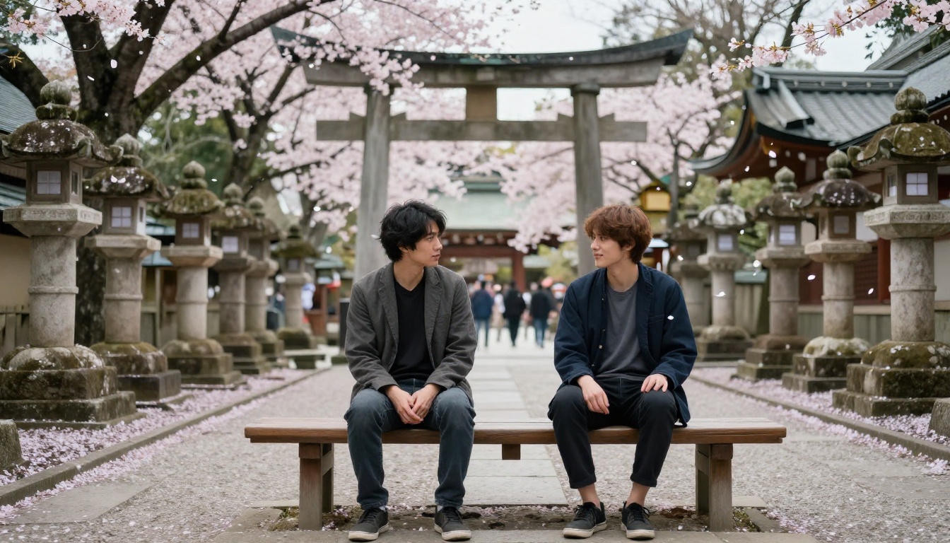 Characters at Japanese shrine bench