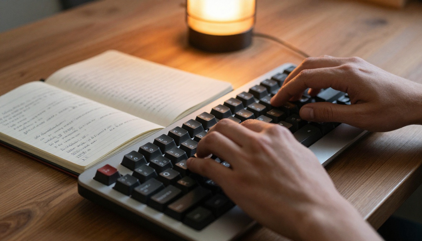 Person writing detailed AI image prompts on a mechanical keyboard at a warm-lit desk