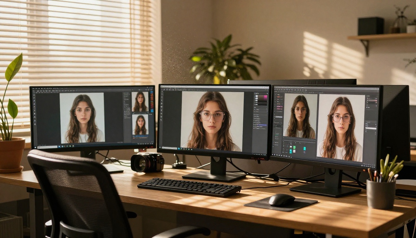 AI image generation workspace with multiple monitors comparing outputs