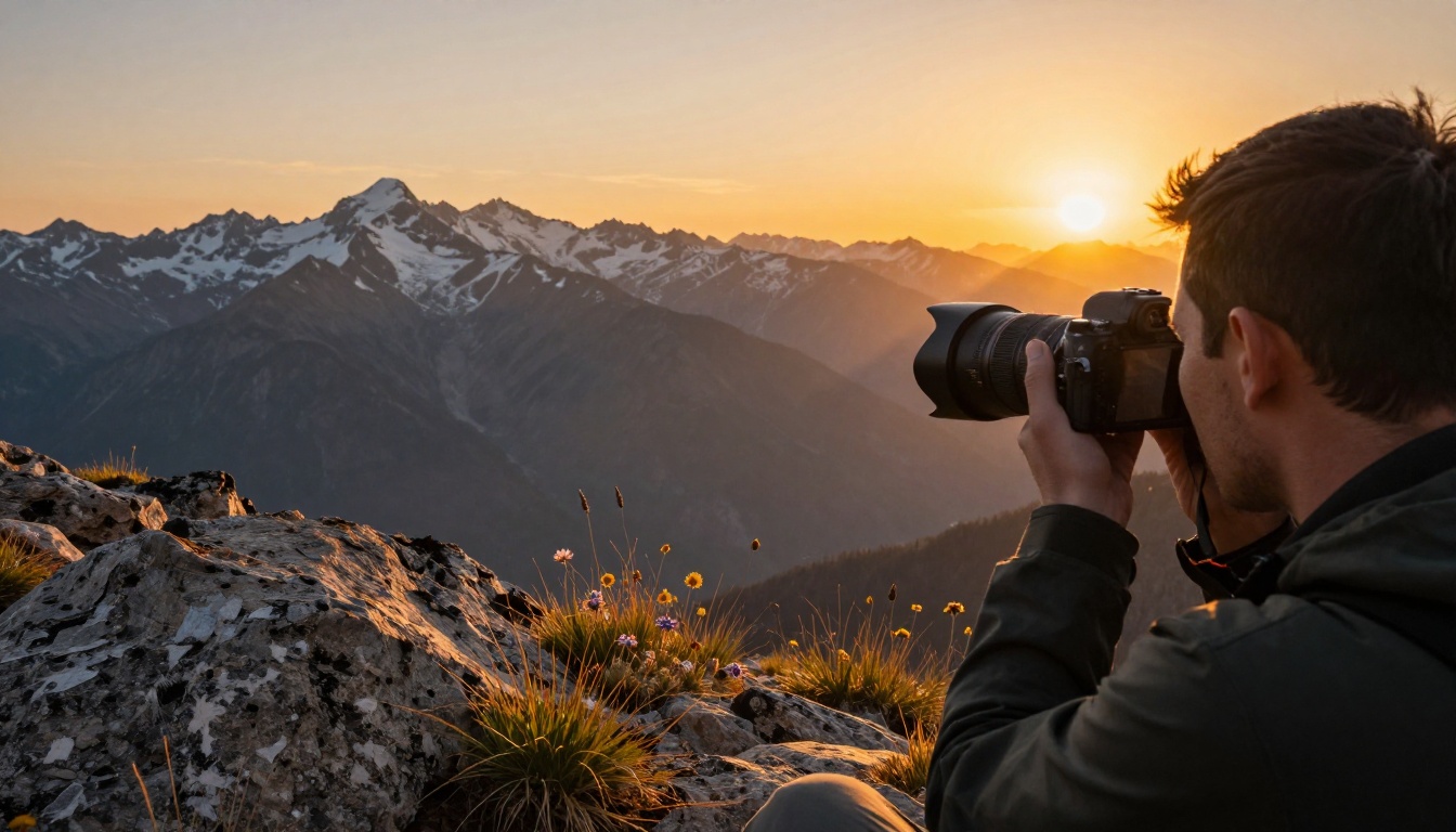 Photographer framing a landscape scene through a camera viewfinder in golden hour light