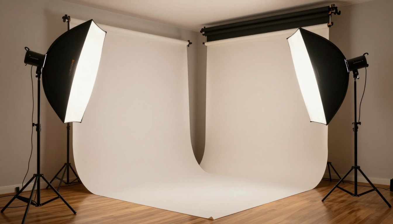 Professional photography studio with large softbox lights illuminating a seamless white backdrop