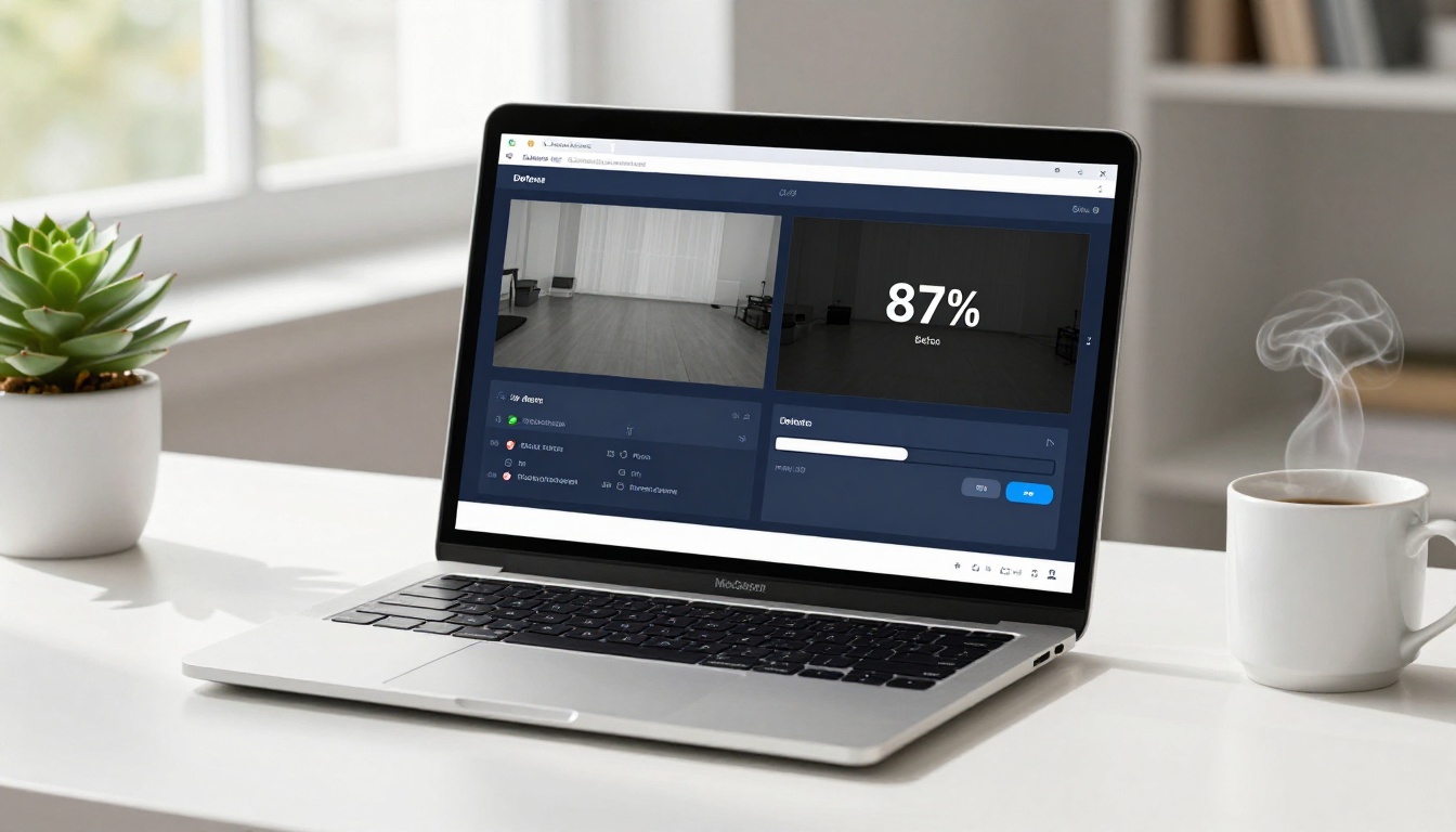 AI video enhancement software interface on laptop