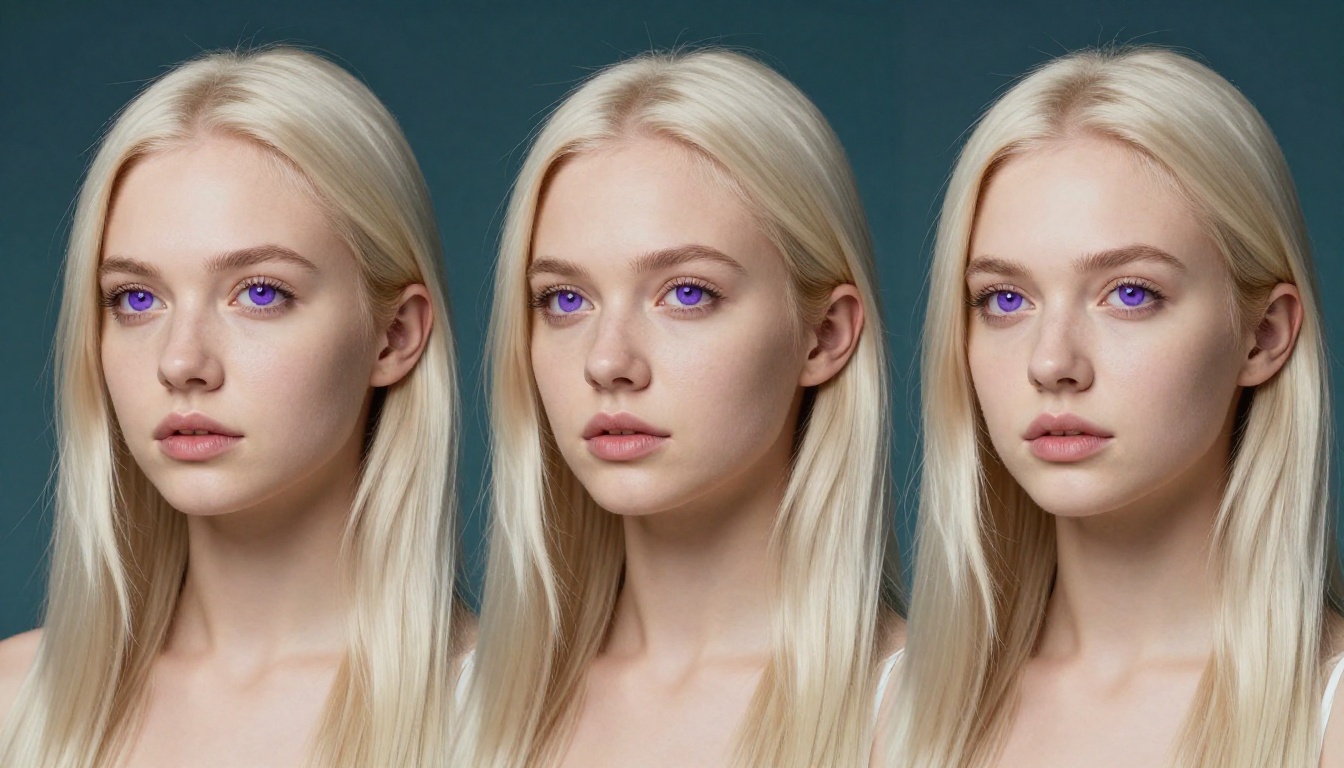 Dramatic studio portrait with platinum blonde hair, showing Flux-level detail in hair strand separation and skin
