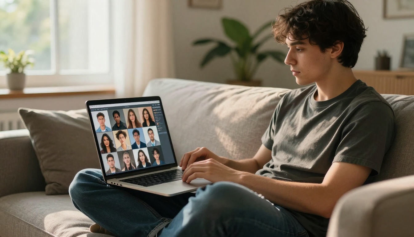 Young creative professional iterating on AI images on a laptop in natural window light