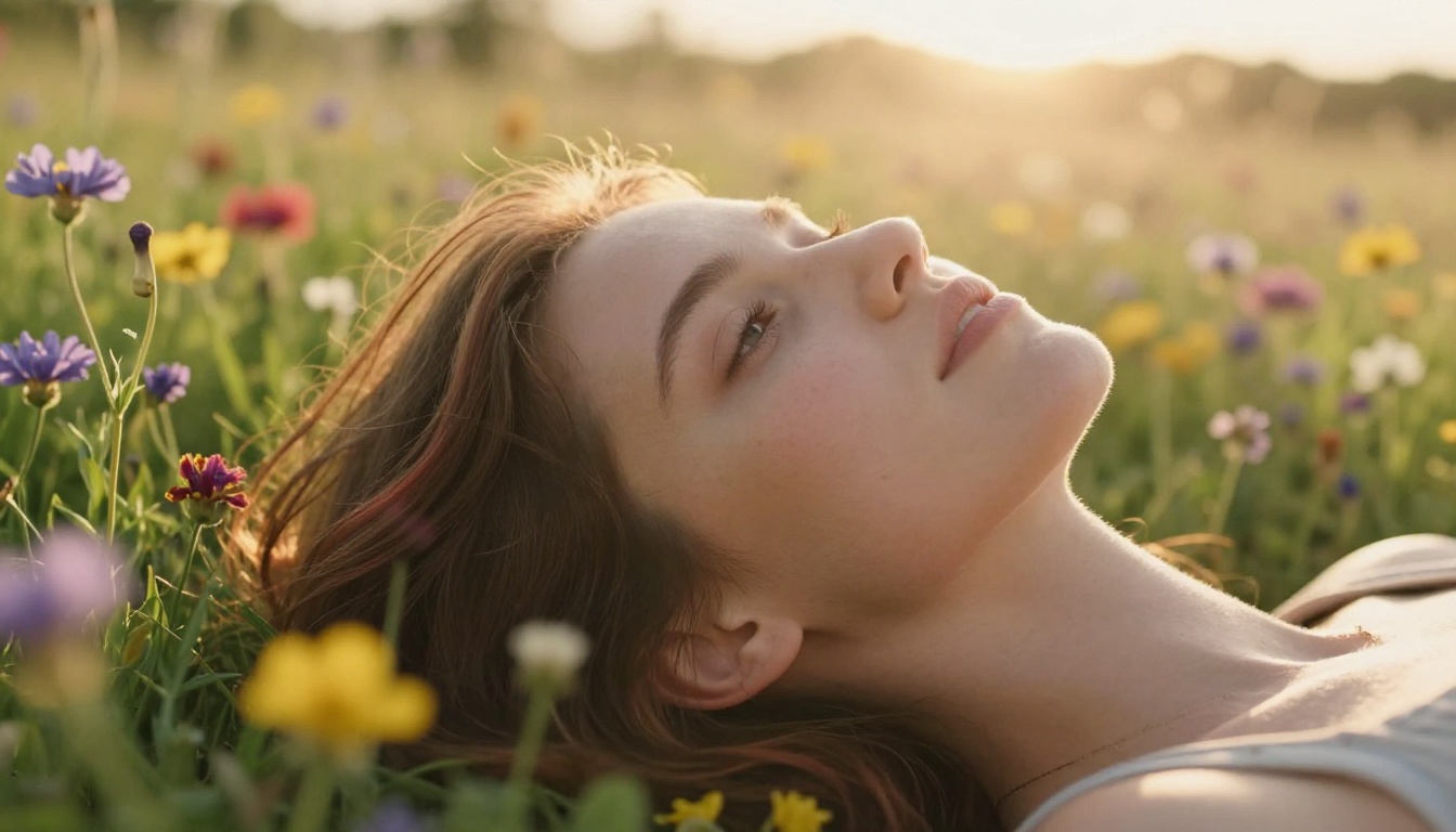 Young woman in golden wildflower meadow with dramatic depth-of-field, demonstrating 3D spatial depth in AI-generated art