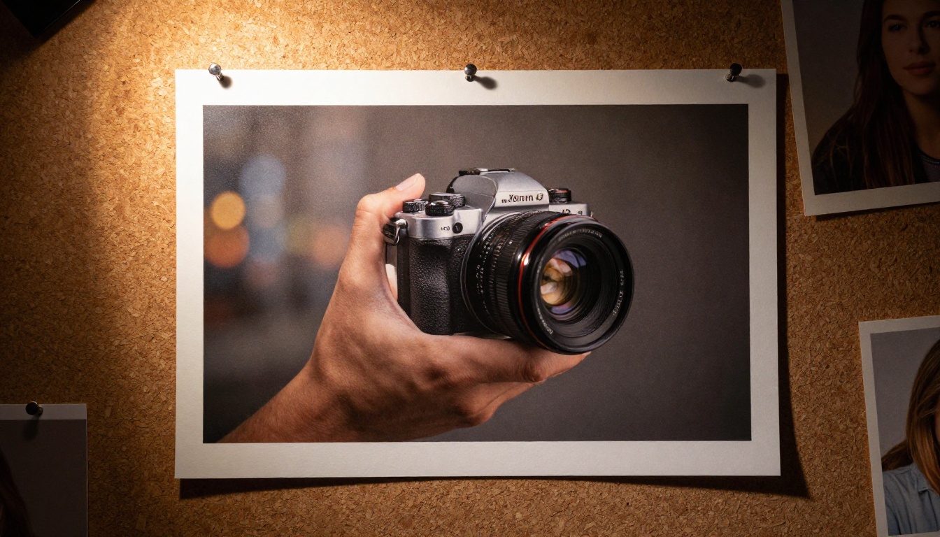 Portrait photographs pinned to a cork board with warm gallery spotlight above