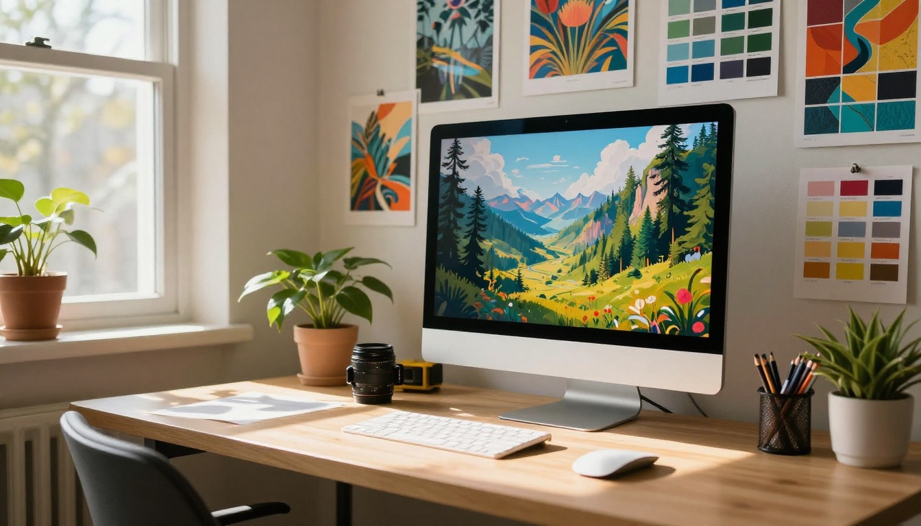 Vibrant creative workspace with a monitor showing a stunning AI-generated landscape surrounded by printed art and a mood board