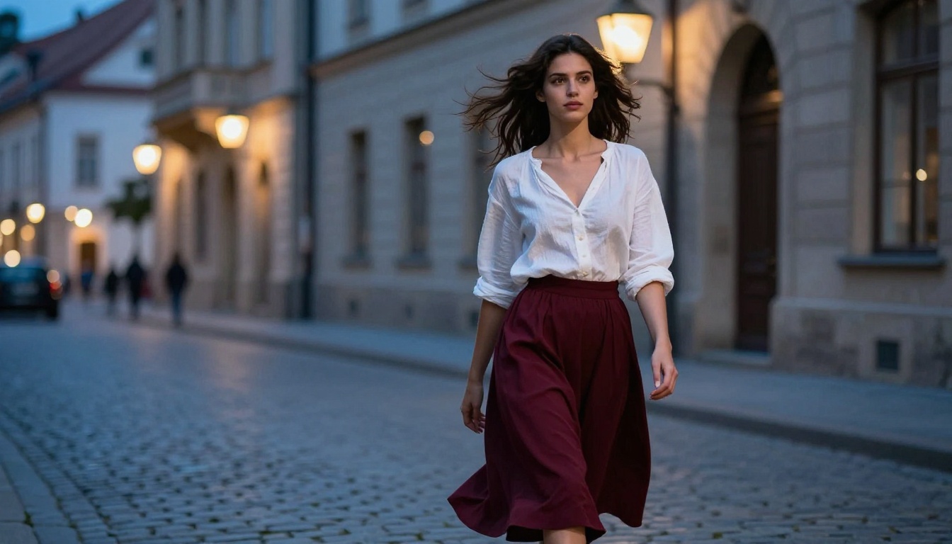 Woman mid-walk on cobblestone street at blue hour, demonstrating cinematic movement, hair motion, and natural photography cues in AI art