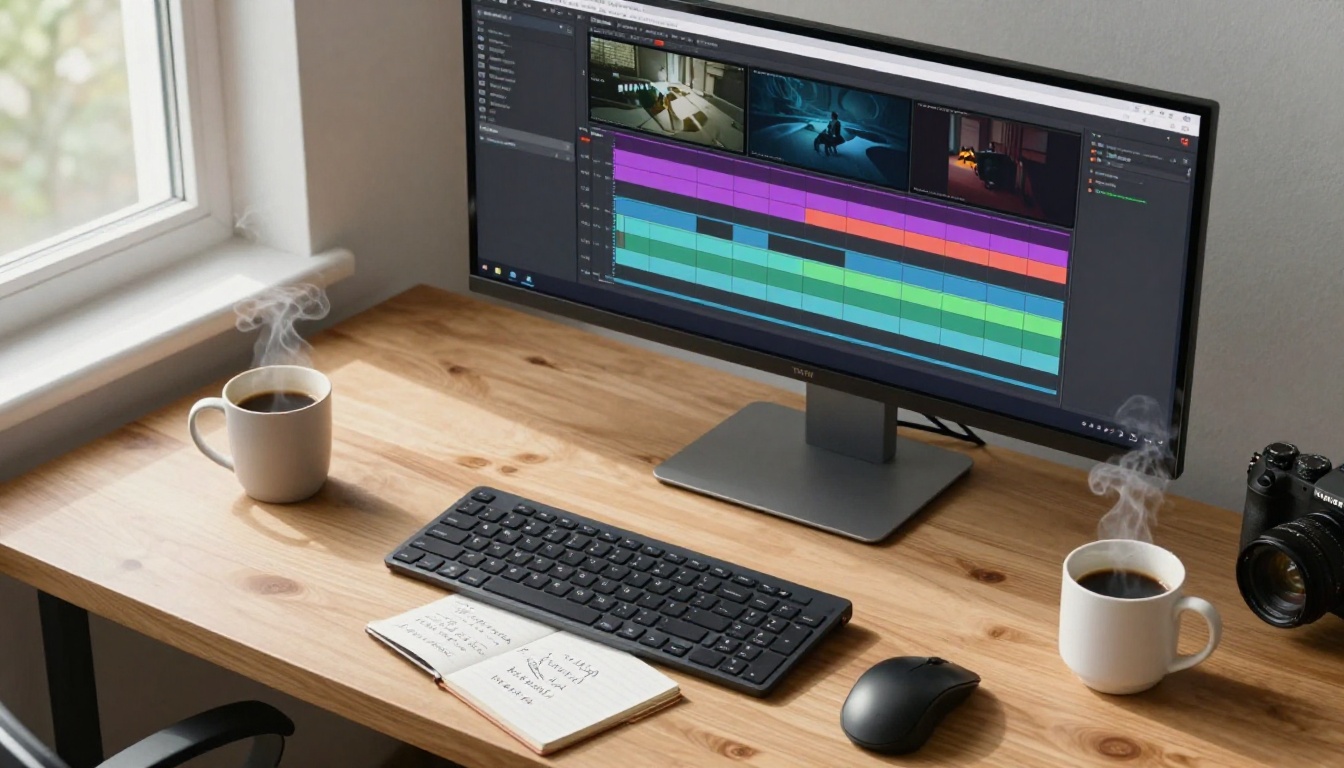 Aerial top-down flat-lay of a professional editing workstation with notebook, keyboard, and coffee beside a monitor showing a video timeline Aerial top-down flat-lay of a professional editing workstation with notebook, keyboard, and coffee beside a monitor showing a video timeline