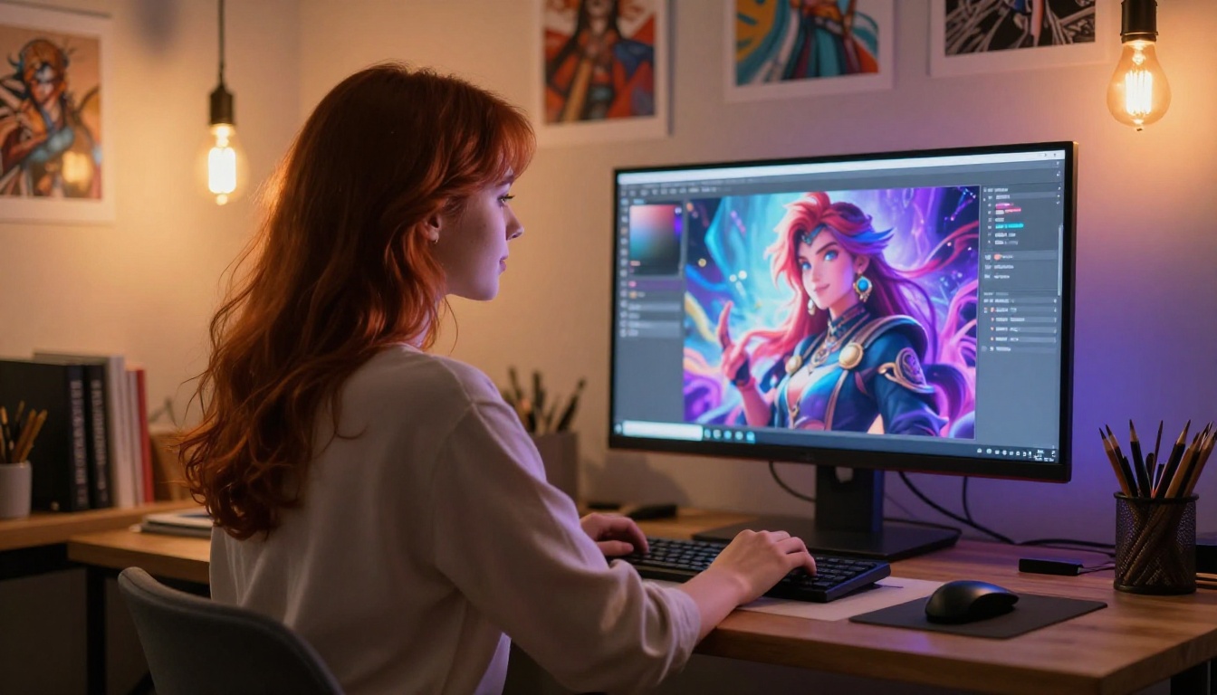 Young woman at a creative desk with AI artwork displayed on screen, ready to start generating original waifu characters