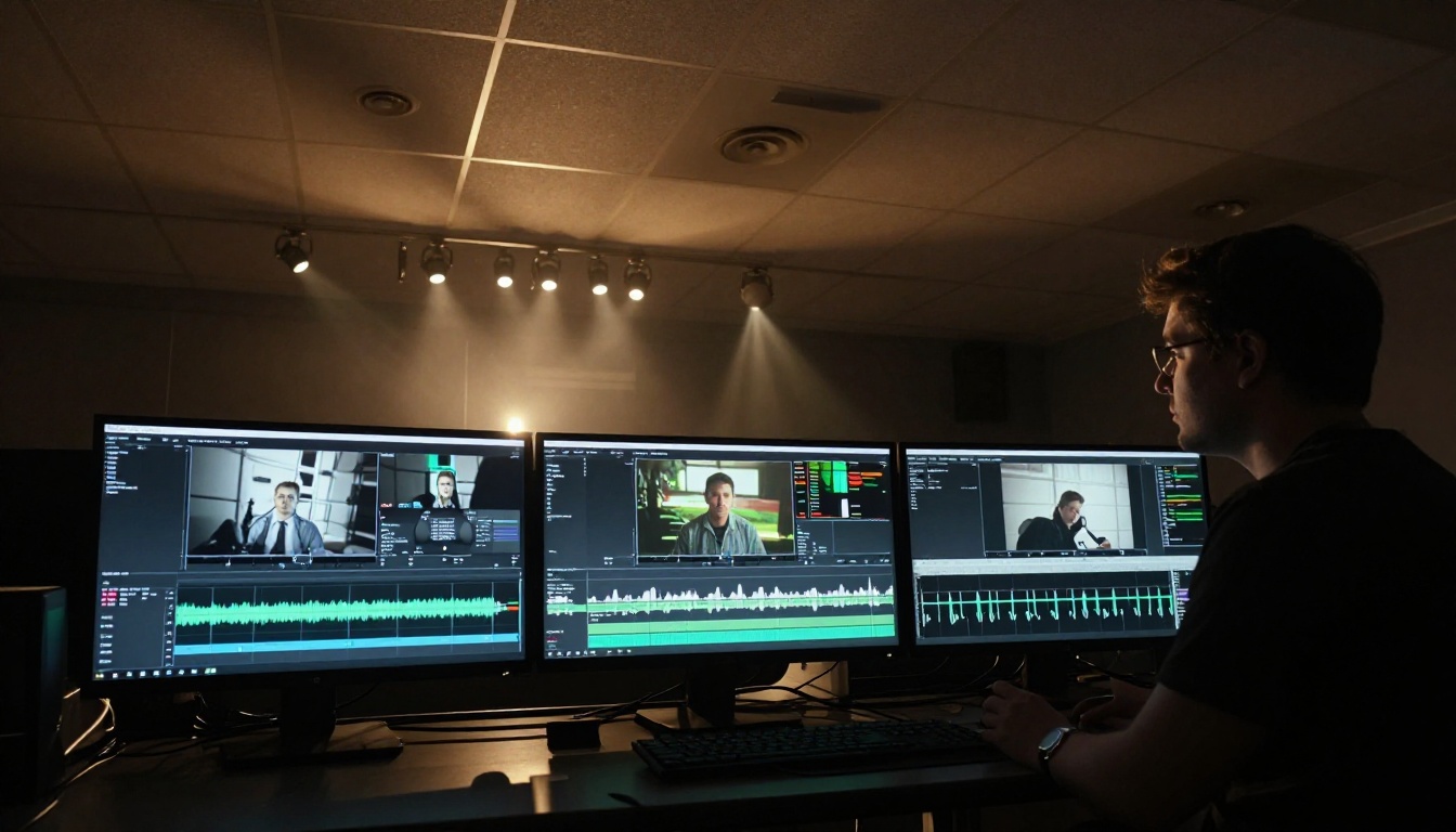 Low-angle view of a professional broadcast editing suite with three monitors, waveform displays, and a silhouetted editor reviewing footage Low-angle view of a professional broadcast editing suite with three monitors, waveform displays, and a silhouetted editor reviewing footage