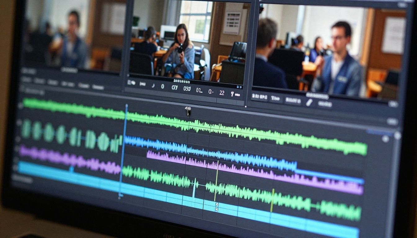 Close-up of a multi-track video editing timeline on a 4K monitor showing color-coded clips and trim handles at cut points Close-up of a multi-track video editing timeline on a 4K monitor showing color-coded clips and trim handles at cut points