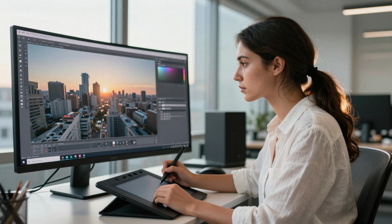 Professional woman reviewing video footage on a large curved monitor with a drawing tablet, warm golden-hour light from floor-to-ceiling windows Professional woman reviewing video footage on a large curved monitor with a drawing tablet, warm golden-hour light from floor-to-ceiling windows