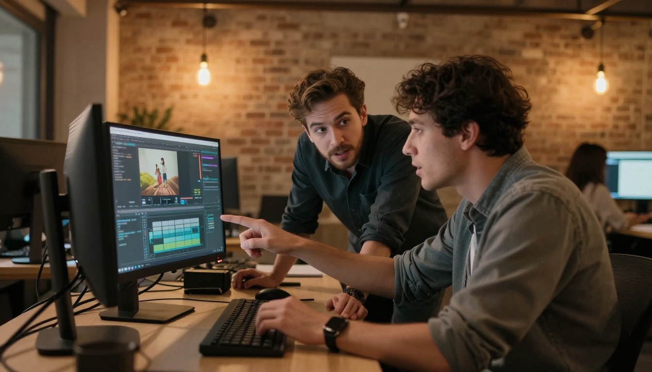 Two video editors collaborating at a dual-monitor workstation in an open industrial creative studio with Edison pendant lighting Two video editors collaborating at a dual-monitor workstation in an open industrial creative studio with Edison pendant lighting