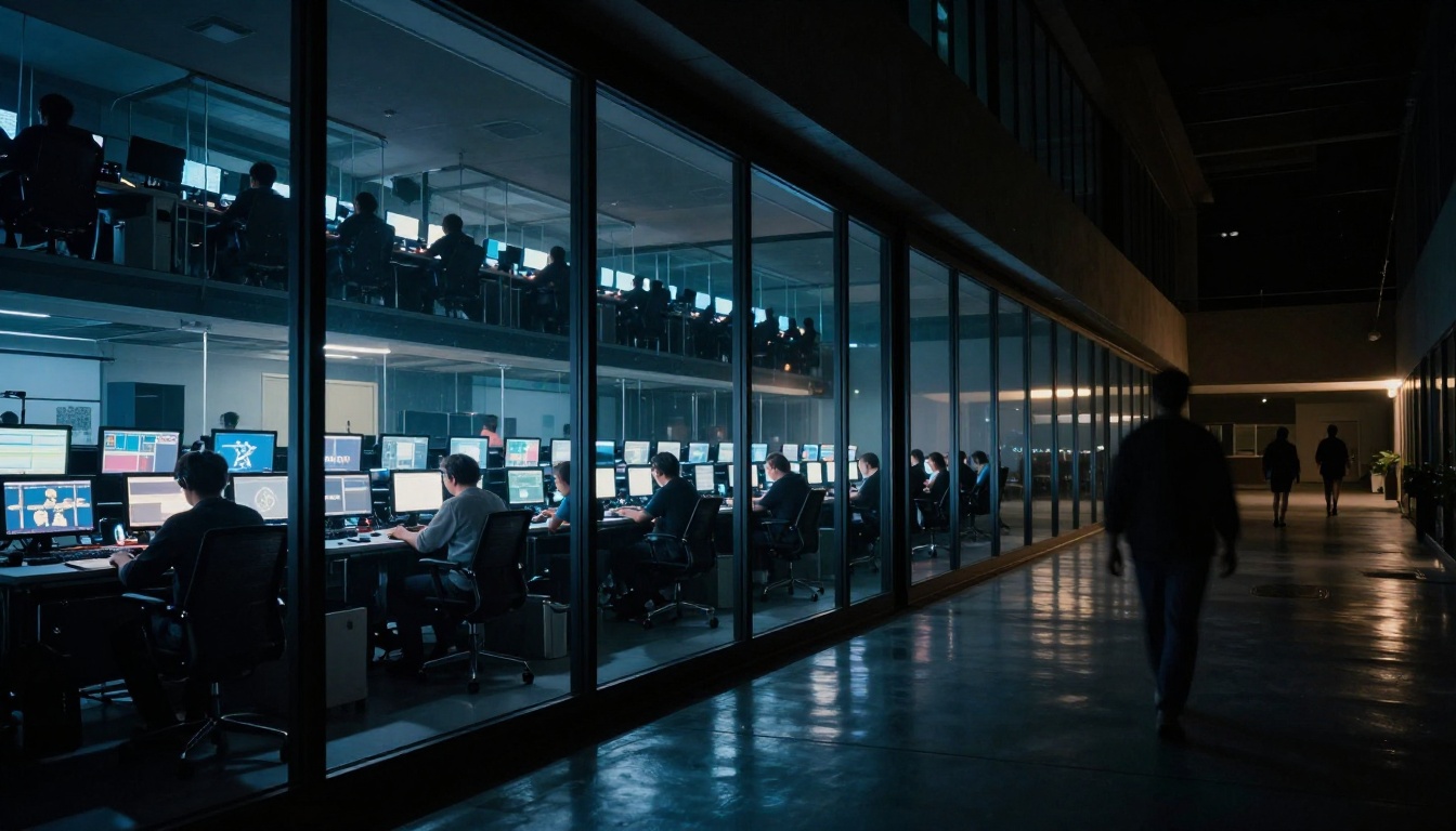 Wide nighttime view of a professional post-production facility with editors working in glass-walled bays, monitor glow reflecting on corridor floors Wide nighttime view of a professional post-production facility with editors working in glass-walled bays, monitor glow reflecting on corridor floors