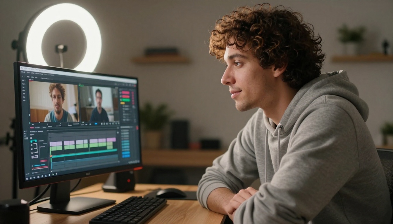 Content creator in a home recording studio, leaning forward absorbed in trimming a short-form video on a large OLED monitor, ring light visible in the background Content creator in a home recording studio, leaning forward absorbed in trimming a short-form video on a large OLED monitor, ring light visible in the background