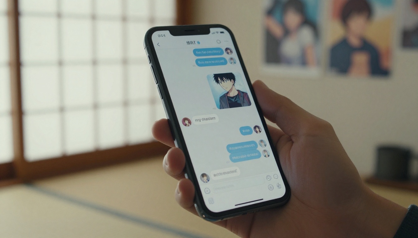 Smartphone showing anime chat interface in a Japanese-style room