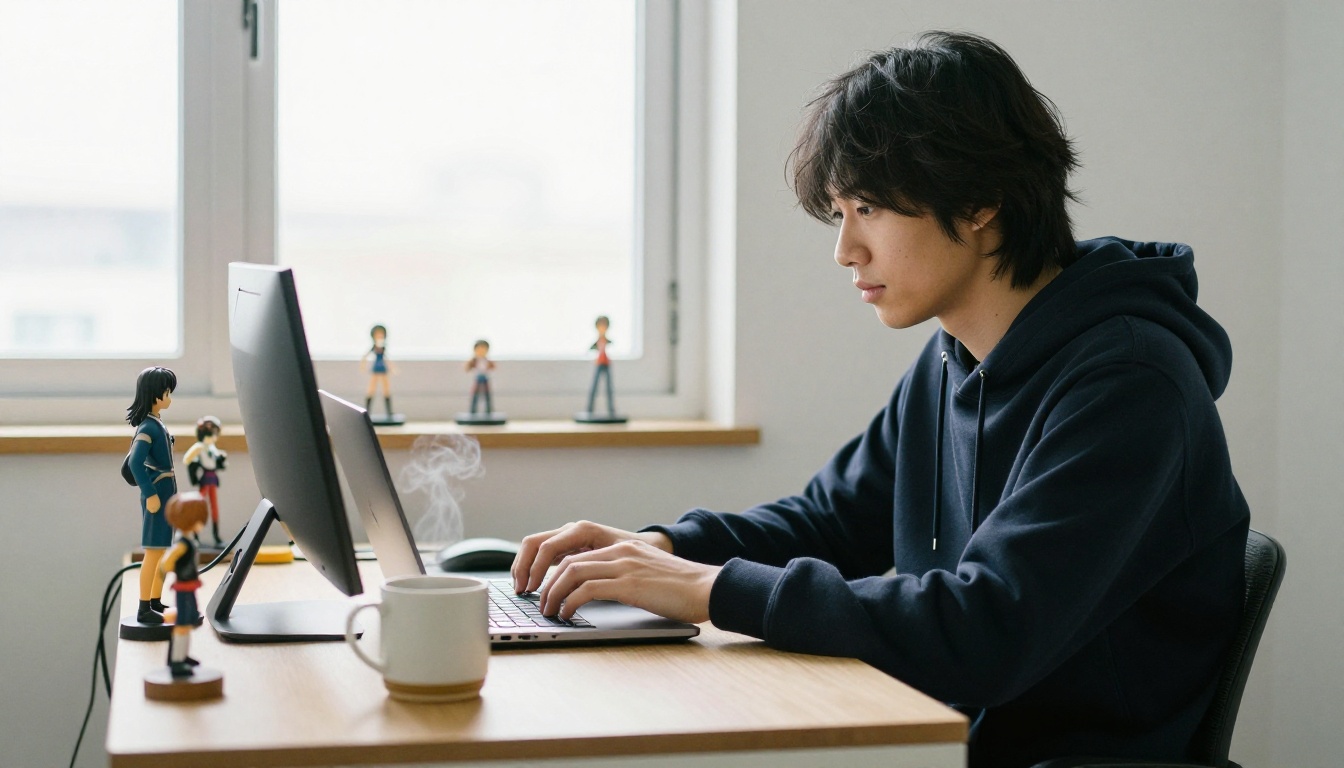 Young man typing at a laptop with anime figurines on shelf behind