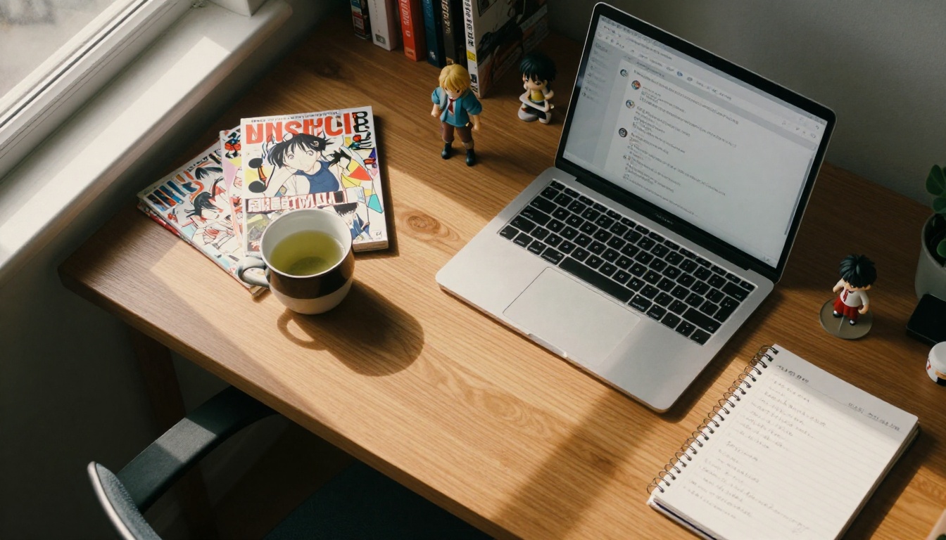 Aerial view of manga volumes, tea, and chat setup on desk