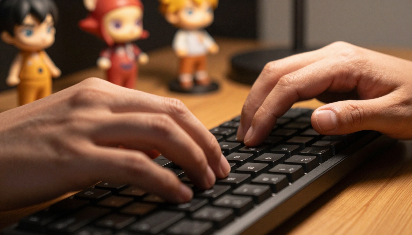 Close-up of hands typing on mechanical keyboard with figurines in bokeh