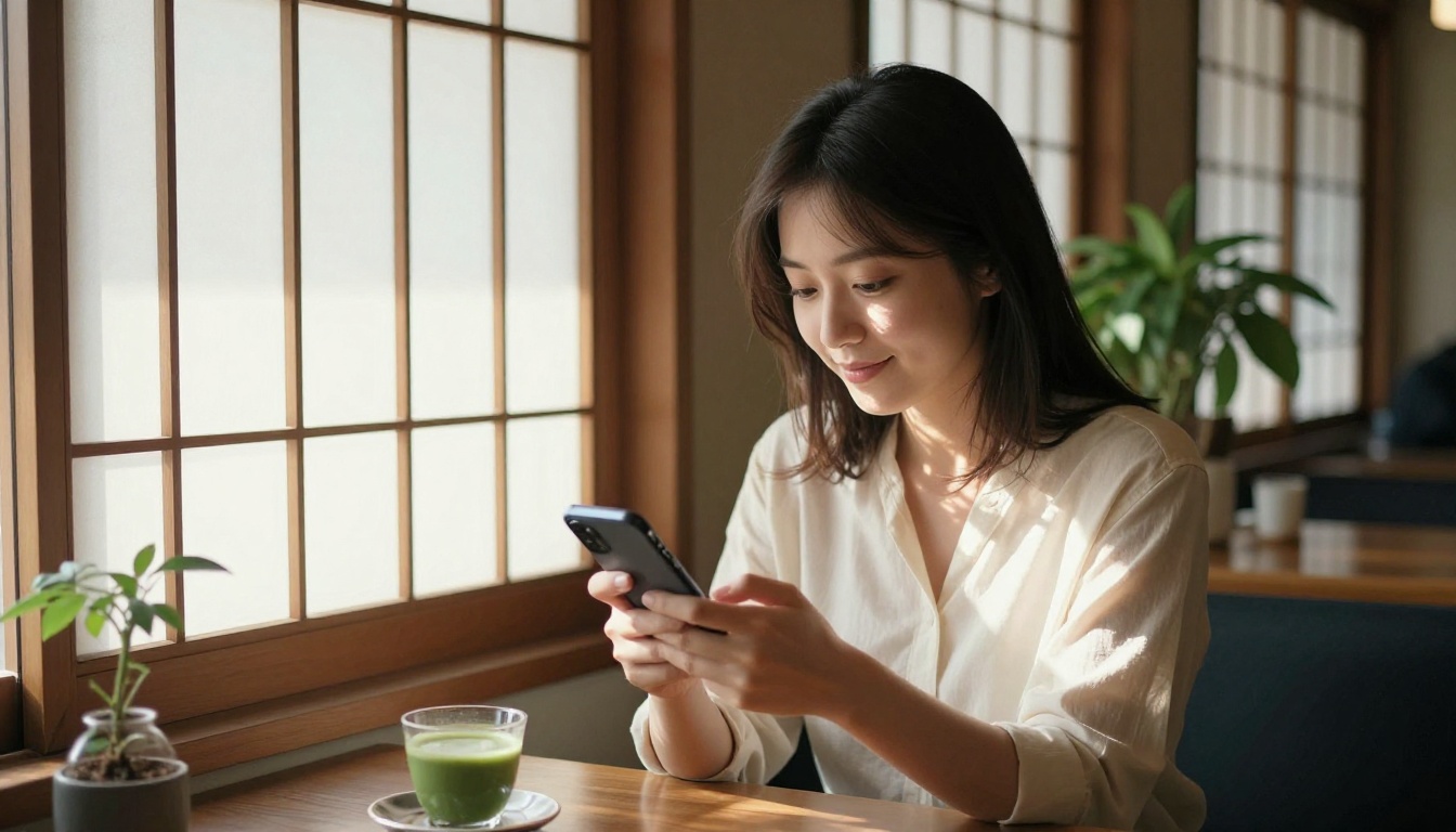 Woman smiling at phone in a quiet Japanese cafe window seat