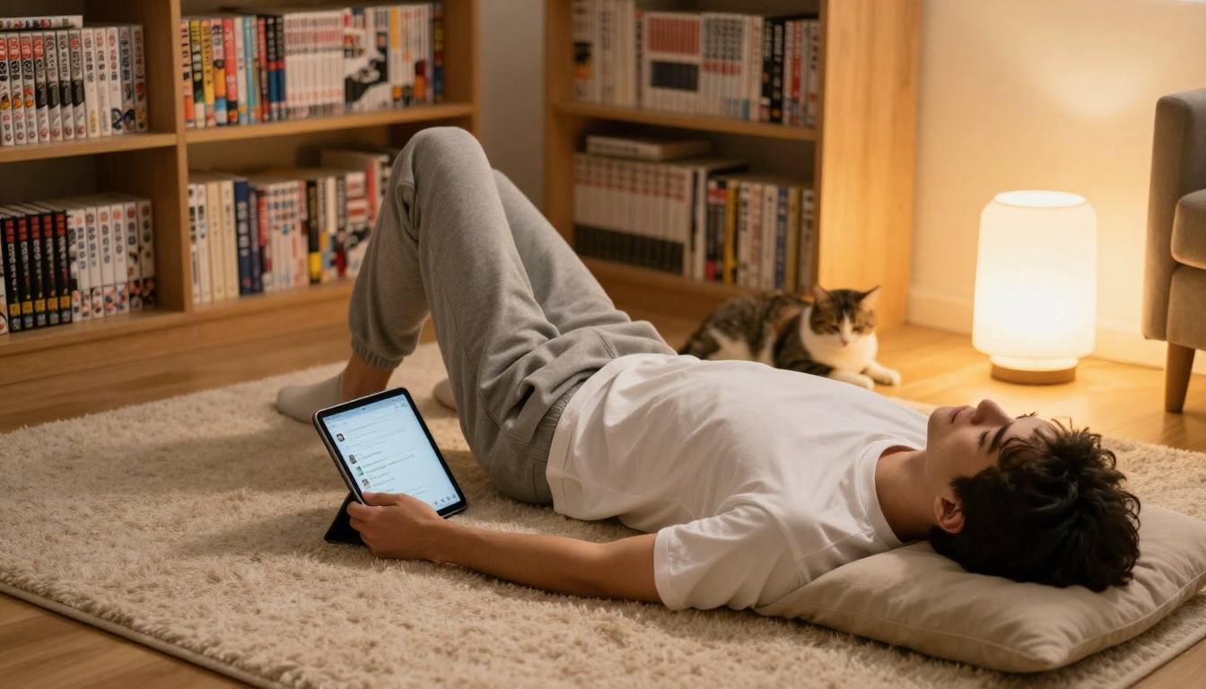 Young man on carpet with tablet and sleeping cat nearby