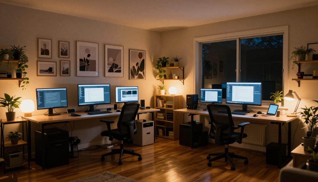 Wide cozy bedroom studio at night with multiple chat screens glowing