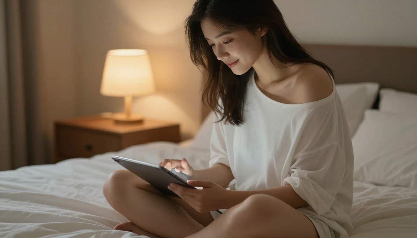 A woman sitting cross-legged on a bed reading from a tablet with a relaxed smile