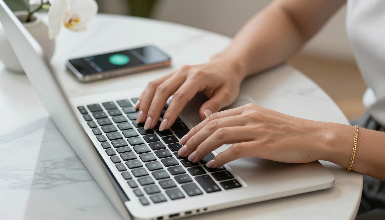 Close-up of a woman's hands typing on a laptop keyboard with a smartphone showing a chat app nearby
