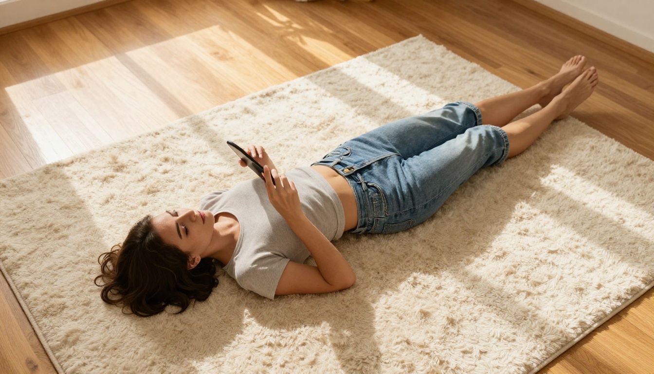A woman lying on an ivory rug scrolling through her phone with golden light across the floor